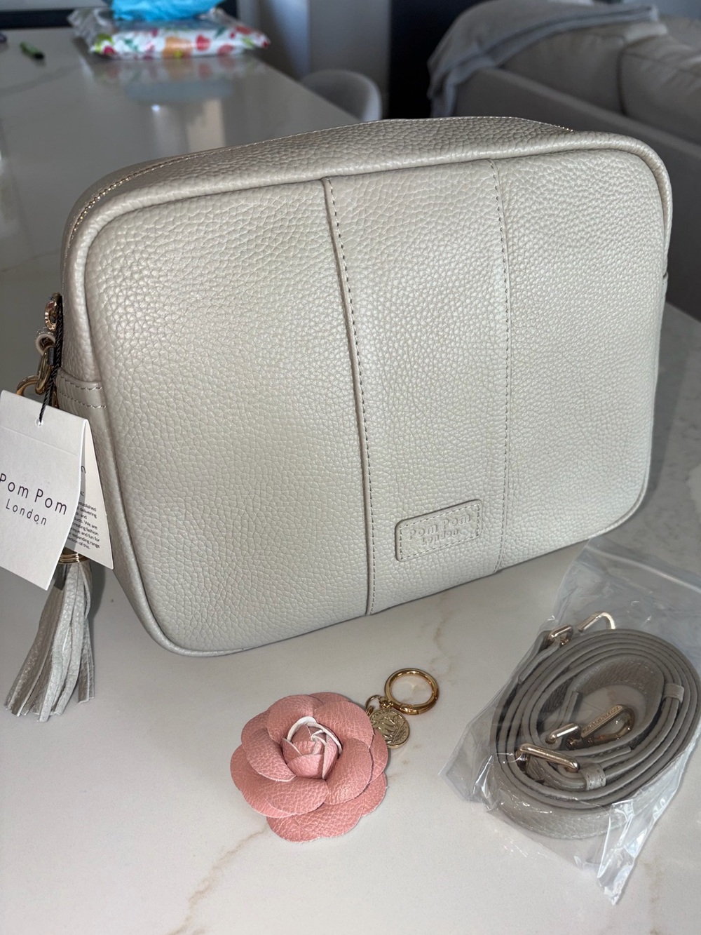 Pom Pom London stone grey neutral City Plus Crossbody bag purse NWT